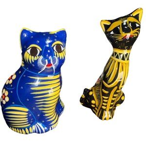 Mexico Talavera Pottery Cats Clay Figurine Hand Painted Folk Art  6"